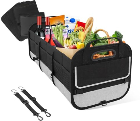 povtii Large Organizer for Car, 95L Stretchable Storage Trunk Organizer with Divided Compartments, Fixed Big Trunk Organizer with Handles & Adjustable Straps, Car Accessories (Black & Gray)
