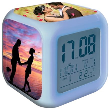 D&Vlab Orologio Sveglia Digitale Personalizzabile CON FOTO DEDICA FRASE da comodino scrivania a led 7 colori fluo Personalizzato idea regalo per Natale, Papà, Mamma, Lui, Lei, Bambino, Scuola