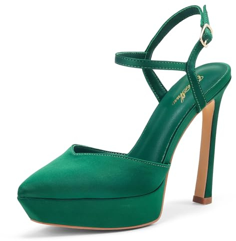 GENSHUO Scarpe Donna Punta Plateau 13cm Cinturino Caviglia Festa, Raso Verde MOD B, 41 EU