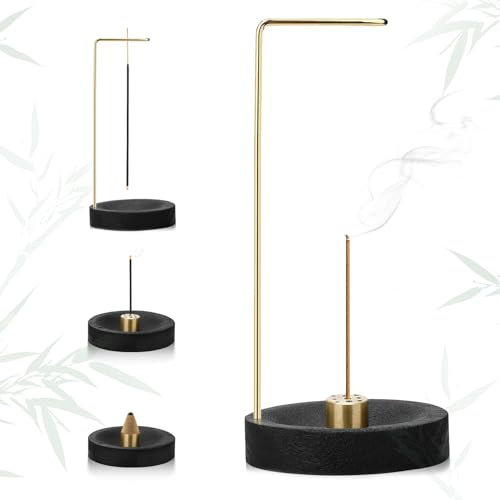Porta Incenso per Bastoncini 2 in 1,Supporto per Bastoncini di Incenso in Legno per cenere,Porta Incenso Bastoncino in legnofatto a mano,Adatto a casa, ufficio, meditazione e yoga (nero)