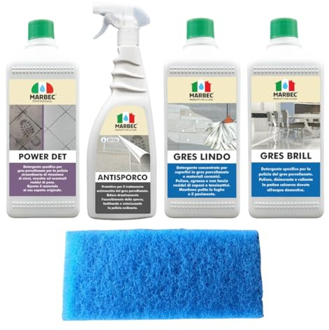 MARBEC KIT GRES PORCELLANATO Prodotti per la pulizia straordinaria e ordinaria dei pavimenti in gres porcellanato. Elimina macchie ed aloni e mantiene il tuo gres pulito