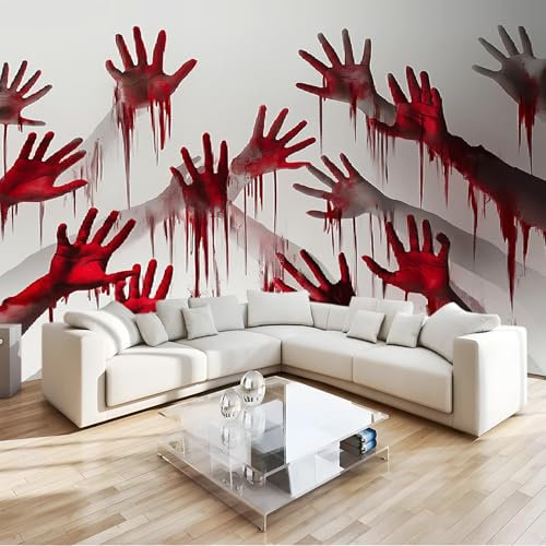 Photo Wallpaper Horror Atmosphere Red Paint Hands Non-Woven Premium Art Print Fleece Wall Mural Decoration Poster Picture Design Modern 200 x 140 cm Living Room Red