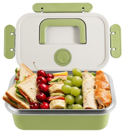 Lebensmittelbehälter aus Edelstahl mit Deckel - 1700ml Metall-Lunchbox Brotdose für Erwachsene,Bento-Box für Picknick,Outdoor,mit Griff und Datumsanzeige für die Aufbewahrung von Lebensmitteln,Grün