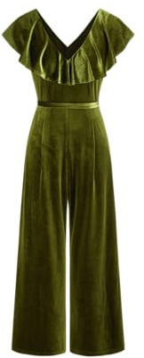 CIDER Cap Sleeve Velvet Jumpsuits for Women V Neck Wide Leg Long Pants Dressy Rompers Tie Waist Fall Overalls