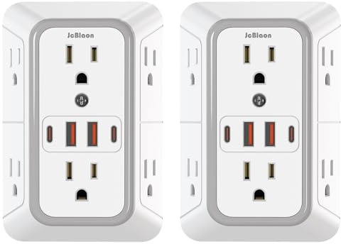 2 Pack Outlet Extender Surge Protector, 6 Outlet Splitter with 4 USB Outlet (2 USB A,2 USB C), 3Sided Power Strip with Adapter Spaced Outlets for Home, Office, Travel(White)-ETL