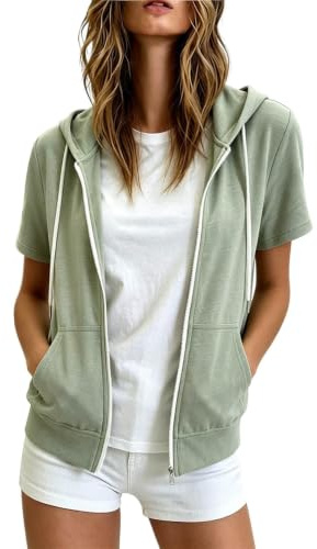 Womens Zip Up Hoodie Short Sleeve Drawstring Hooded Sweatshirt with Pockets Casual Hoody Plain Workout Sports Tops Lightweight Ladies Jacket Summer Loose Fit Outdoor Travel Layering Outerwear