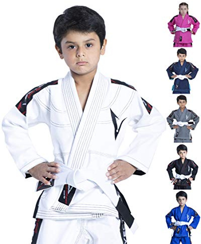 Vector Kids Brazilian Jiu Jitsu BJJ Gi with Free White Belt 100% Cotton Pearl Weave Kimono Ultra Lightweight Preshrunk Fabric (White, K0)