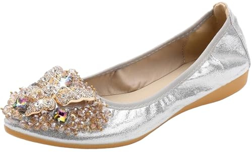 PPXID Femme Fille Chaussures Ballerines Mocassin Plates Chaussures de Mariage d'affaires décontractée Grande Taille- Argenté 36