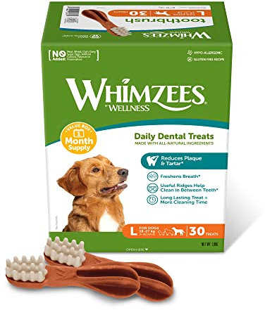 WHIMZEES By Wellness Zahnbürste, Kaustangen für große Hunde zur Zahnpflege, Größe L, 30 Stück (Monatspackung), ohne Zuckerzusatz, getreidefrei, natürlich, fettarm