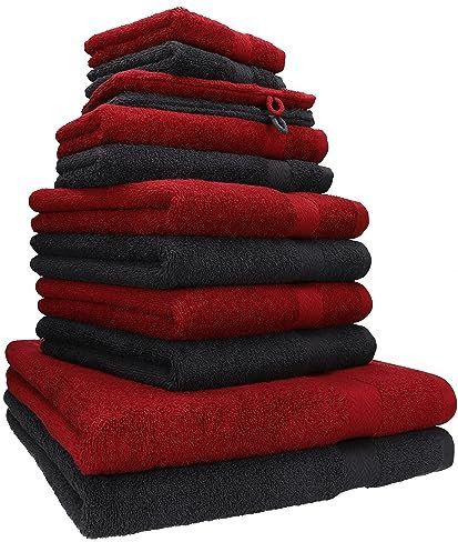 Betz 12-TLG. Handtuch Set Premium 100% Baumwolle 2 Duschtücher 4 Handtücher 2 Gästetücher 2 Seiftücher 2 Waschhandschuhe Farbe rubinrot/Graphit