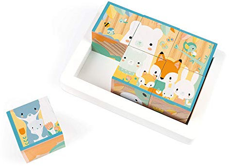 Janod - Körbchen mit 6 Würfeln aus Massivholz Baby - Kollektion Pure - Baby- und Kleinkindspielzeug - Entwicklung der Feinmotorik Farbe auf Wasserbasis - Ab 1 Jahr, J05158, Blau