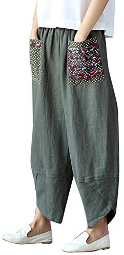 Duberess - Pantaloni larghi da donna in cotone a gamba larga, stile casual, patchwork elastico in vita - Verde - L