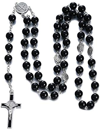 Rnivida Catholic Black Beads Rosary, Prayer Rosaries Necklace with Jesus Crucifix, Rosary for Men Women