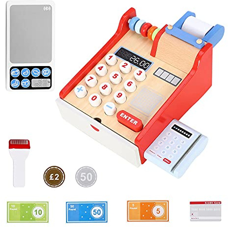 SOKA Wooden Cash Register Children’s Shop Grocery Checkout Till Toy Cashier Role Play Supermarket Shopping Money Educational Pretend Playset for Kids Children Girls Boys 3 year old +