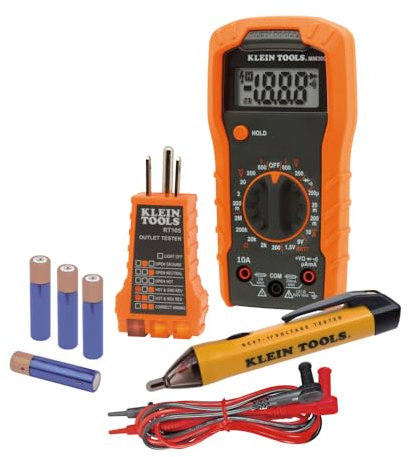 Klein Tools 69149P Electrical Test Kit with Digital Multimeter, Noncontact Voltage Tester and Electrical Outlet Tester, Leads and Batteries, Green,Red