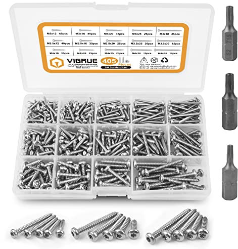 VIGRUE 405 Stück Schrauben Set Rundkopf M3 M3.5 M4, TX Holzbauschrauben aus Edelstahl A2, Blechschrauben Linsenkopf Mit 3 Stück Bits in Soblechschrauben linsenkopfrtimentskasten
