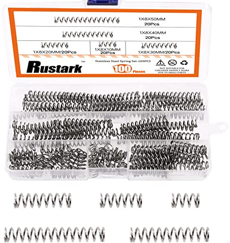 Rustark 100 Stück 5 Größen Druckfedern Sortiment Kit Mini Edelstahl Druckfedern Set Sprungfeder Federn Sortiment für Reparaturen, 10-50mm Länge, 8mm Außendurchmesser, 1mm Drahtdurchmesser