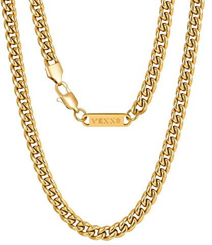 VEXXS 3/4/6mm Herren Panzerkette, 18K Gold beschichtet Cuban Halskette, Miami Kubanische Gliederkette Herren Kette Hip Hop Nickelfrei für Männer Damen