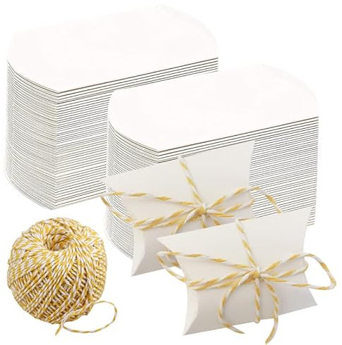 100 STK. Weiß Süßigkeiten Karton Hochzeit Gastgeschenke Geschenkboxen mit Juteschnur, Geschenk-Kästen, Kissen-Kästen, für Weihnachten, Süßigkeiten, Schmuck, Nuss,Hochzeit
