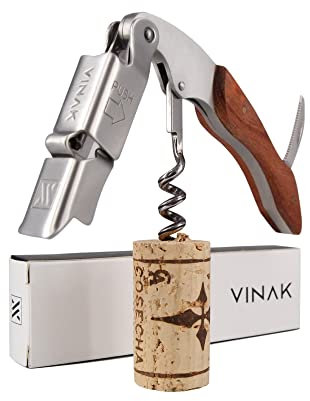 VINAK - Cavatappi da cameriere professionale XPERT in acciaio inox e legno con doppio supporto articolato + apribottiglie + coltello tagliacapsule + spirale professionale (A - Legno)
