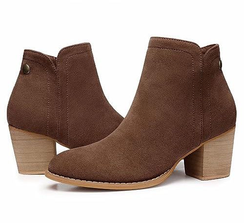SHIBEVER Women's Ankle Boots Heel: Chunky Low Heeled Almond Toe Short Booties with Zipper Faux Suede Dress Western Fall 2025 Shoes Dark Brown Size 7