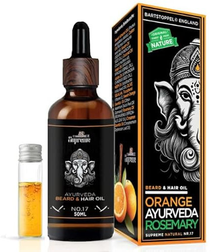 Bartöl u. Haaröl Orange Duft | Ayurveda Rosmarinöl & Neem Öl | ohne Parfum und künstliche Zusatzstoffe | Bartstoppel Supreme | Bart-Wachstum fördern | Anwendung warm od. kalt mit Phiole