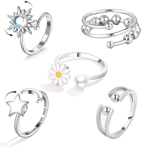 XdealCozyxc 5PCS Fidget Rings for Anxiety Women Teen Girls, Adjustable Rotatable Open Spinner Rings