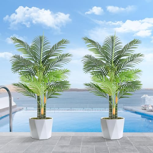 Keeplush Palmera Artificial Triple Dorado 120cm, Planta Artificial Exterior Grande, arbol Artificial Interior o Exterior Alta para Patio Junto a la Piscina Césped Oficina Salón Balcón Jardín (2Pack)