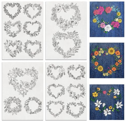 BENECREAT 4 Hoja 15 Piezas Corona de Corazón Bordado Soluble En Agua, Palo de Guirnalda de Flores de 29.7x21cm Y Estabilizador de Papel de Bordado de Puntada para Camisas