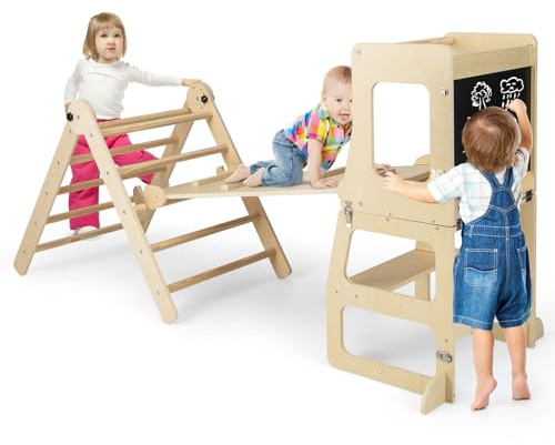 DREAMADE 7 IN 1 Klettergerüst Indoor, Sprossendreieck Kletterspielzeug aus Kiefernholz, Kletterdreieck mit Rutsche zum Rutschen & Klettern & Tritthocker & Malen für Kinder ab 3 Jahren (Natur)