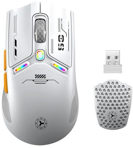 Uiosmuph V08 Mouse Gaming 2.4 G/USB-C/Bluetooth Ricaricabile Ergonomico Programmabile, Coperchio Magnetico A Nido D'Api Senza Fili Per Laptop, PC, Mac, Bianco