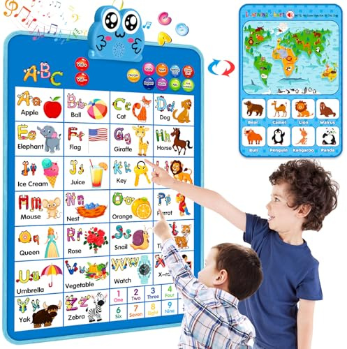 Electronic Interactive Double-Sided Alphabet Wall Chart, Talking ABC & 123 & Music & Learning Poster, Educational Toddlers Toys for Ages 3-4 Kids Gift, Best for Preschool Boys & Girls(Blue)