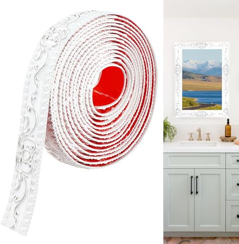 JUNART Rivestimento Flessibile per Pareti, 300cm×3,6cm, Modanature Autoadesive per Soffitti, Rivestimento Murale 3D per Parete, Specchio, Telaio, Armadio, Sfondo TV(Bianco Argento)