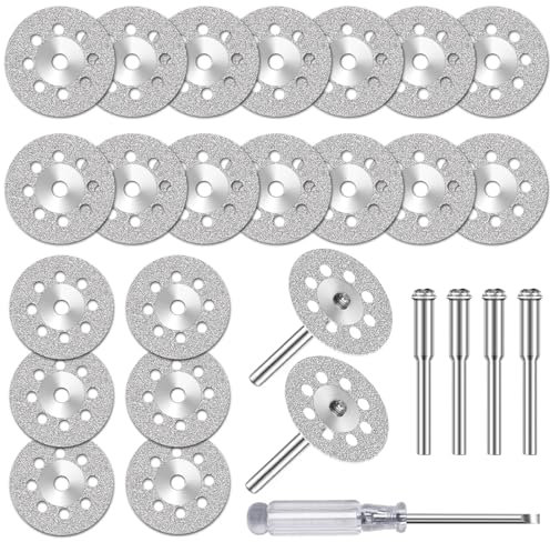 20 Stück Diamant Trennscheiben (22mm) für Dremel Rotationswerkzeug Zubehör, Mini Diamantscheibe mit 4 Stück 3 mm Dorn für Stein Glas Fliese