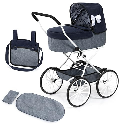 Bayer Design: Doll Pram Classic - Navy-Grey-Hearts - Bassinet Push Stroller, Carrycot Cover, Shoulder Bag, Foldable, Toy for Dolls Up to 18, Kids 3+