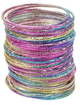 Yeesabella 60pcs Glitter Bangles，Retro Neon Bracelet，Halloween Christmas Disco Party Fancy Dress Accessories for Women Girls