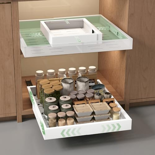 NETEL Lot de 2 tiroir coulissant cuisine,extensible sur 4 côtés，plateau coulissant placard，tiroirs télescopiques，30-49.5cm Largeur, 41.5-55cm Profondeur,Fixation Autocollante ou par Vis,Blanc