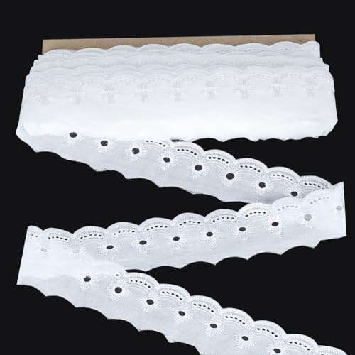 FINGERINSPIRE Ribete de Encaje de Algodón 14,6 m x 45 mm, Borde Ondulado con Ojales Blancos, Bordado Floral para Vestidos, Ropa y Costura
