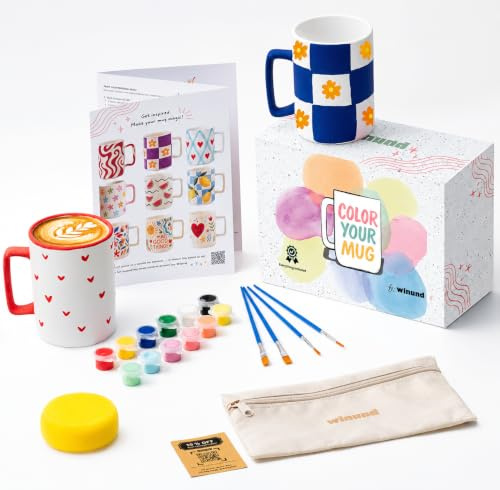 Winund – Kit Peinture sur Tasse avec 2 Tasses Blanches à Décorer, 12 Couleurs (Pastel + Standard), Pinceaux, Éponge, Guide & Étui – Mug Personnalisable, Activité Créative et Cadeau Original