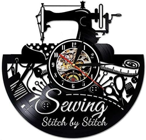 Vintage Sewing Machine Wall Clock 12'' - Silent Non-Ticking Quartz Movement with Embroidery Tools Cutouts, Retro Craft Decor for Sewing Room & Quilting Lovers