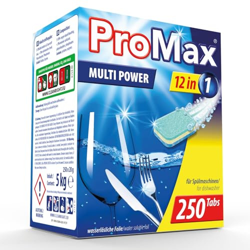 ProMax® Spülmaschinentabs 12-in-1 Multi-Power 20g - XL-Sparpaket 5 kg ca. 250 Stück in wasserlöslicher Folie. Starke Reinigungskraft gegen Schmutz und Fett.