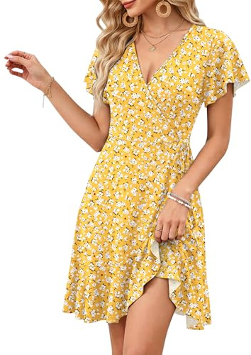 WNEEDU Robe d'été pour femme avec col en V, taille empire, manches volantées, robe d'été avec poches