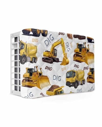 Indoor Air Conditioner Cover, Construction Truck Waterproof Decorative Window AC Unit Protector, Cartoon Grips and Bulldozers Stirrup Car All-Season Washable AC Cover for Wall Units, 17 x 13 x 3.5