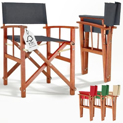 Anthracite Wooden Folding Directors Garden Chair with Arms 160 kg Capacity | Foldable Eucalyptus Wood Garden Chair with Fabric Seat for Patio Balcony Camping Decking Outdoor Dining and Furniture Use