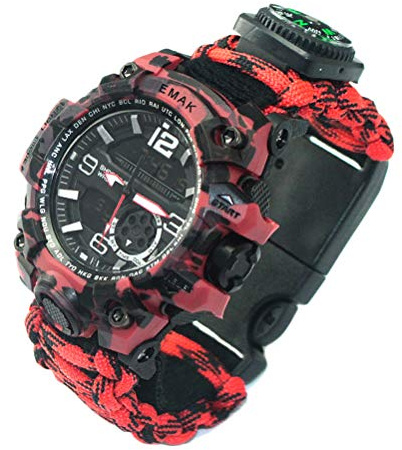 Knowooh Män kvinnor överlevnad analog digital klocka utomhus överlevnad armbandsur överlevnadsklocka vattentät paraply rep klocka lämplig för vandring camping överlevnad (A)