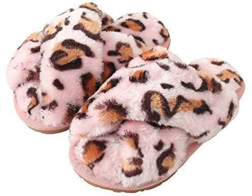 Womens & Girls Slippers Ladies Fluffy Plush House Slippers Cozy Open Toe Faux Fur Sliders for Girls Warm Sandals Indoor Winter Label Size 38-39 Pink Leopard UK 4-5
