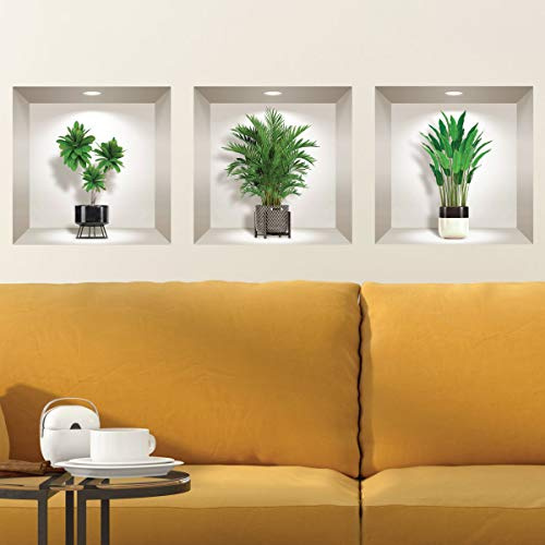 Ambiance Sticker Muraux, 3D Effet Vinyle Adhésifs Muraux, Peintures Murales Décoration Murale pour Chambre à Coucher, Cuisine, Bureau - Plantes Vertes d'Intérieur - Lot de 3 Pièces de 30 x 30 cm