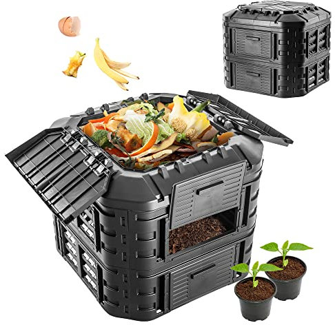 KADAX Compostador de plástico rápido, compostador con botones a presión, compostador térmico negro con tapa plegable (600 L)