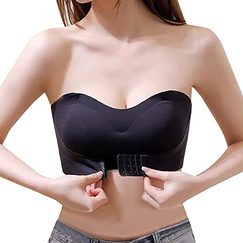 TOFBS Reggiseno Senza Spalline per Donna Ragazze Fibbia Anteriore Reggiseno a Fascia Bandeau Push Up Bralette Senza Ferretto Invisibile Bra (Nero,XL)