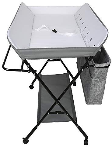 Wickeltisch klappbar, Wickelkommode mit Auflage, platzsparend & mobilSicherheitsgurt und 4 Rollen mit Bremse, 74 x 63 x 92-98 cm, Farbwahl (C/Grau weiß)